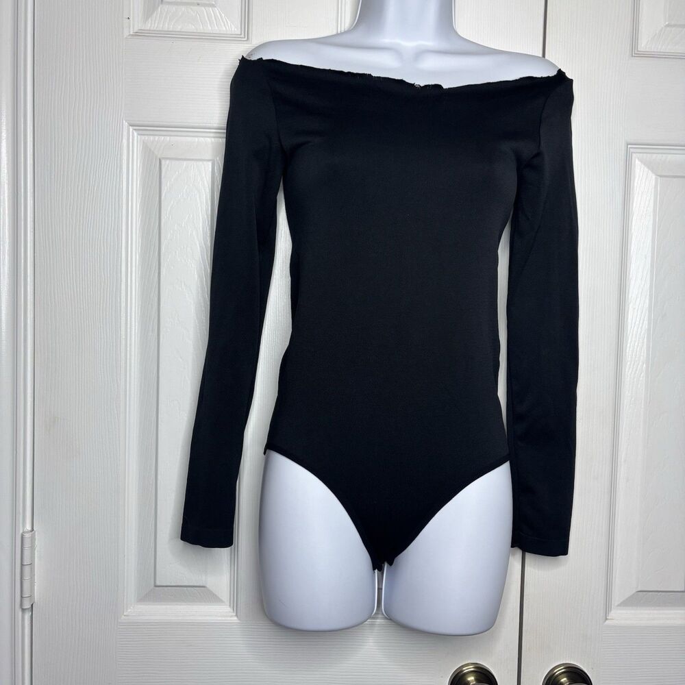 Black Off Shoulder Bodysuit One Size Long Sleeve Fitted Raw Hem